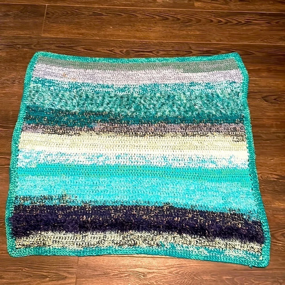 Hand made crocheted striped shades of blue heavy knit throw small blanket